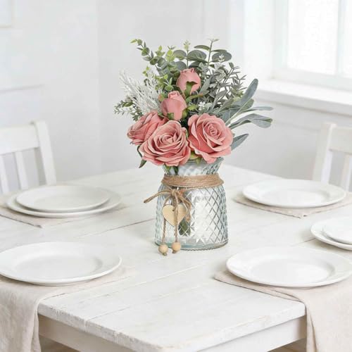 Arreglo de rosas falsas con jarrón de cristal Topiky para decoración del hogar 3