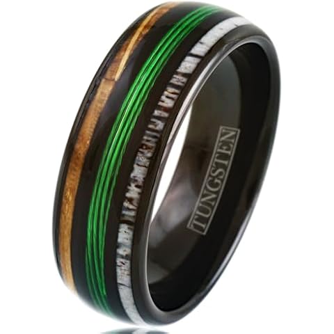 King's Cross Awesome 6mm/8mm Tungsten Carbide Low Dome Band Ring with Fishing Line Between Whiskey Barrel Oak Wood and Deer Antler Inlays. Multiple Colorways. (Black/Green, 8mm 8) Cover