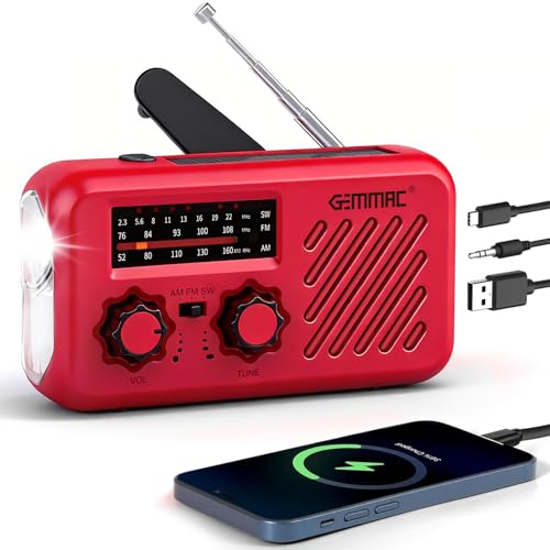 Gemmac Kurbelradio mit Kopfhöreranschluss, AM/FM/SW Solar Notfallradio, 2000mAh Akku Power Bank Radio Batteriebetrieben USB Baustellenradio mit Weltempfänger, SOS Taschenlampe für Notfall Ausrüstung