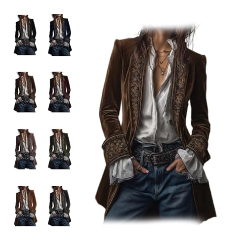 Lange Jacke im Vintage-Stil, bestickt, mit aufwendiger Blumenstickerei, Piraten-Blazer, Mantel, Renaissance-Oberteil für Damen, K2Brown, M