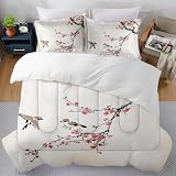 SOSIANTH Full Size Comforter Set with 2 Pillowcases, Birds Winter Sweet Chinese, Beding Decor Tree Flower Japanese Pink for Kids and Adults Comforter for Bedroom Bed Decor