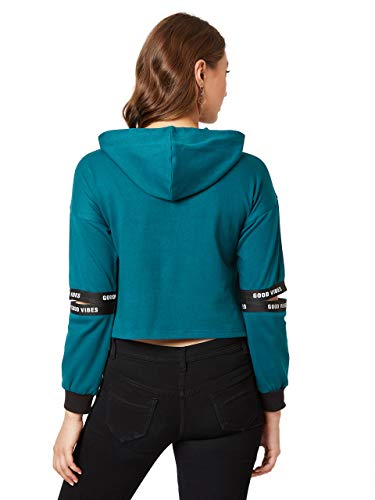 Image of Miss Chase Women's Mustard Hooded Full Sleeves Solid Boxy Drawstring Cut-Out Crop Sweatshirt