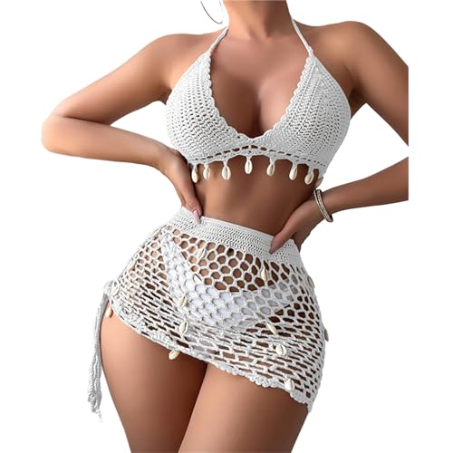 Bikini de ganchillo de 2 piezas para mujer con falda de playa de conchas 3
