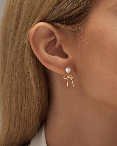 ASCOMY Gold Stud Earrings for Women - Dainty Bow 14K Gold/Silver Plated Pearl Earrings - Trendy Cute Ribbon Minimalist Jewelry Gifts for Her3