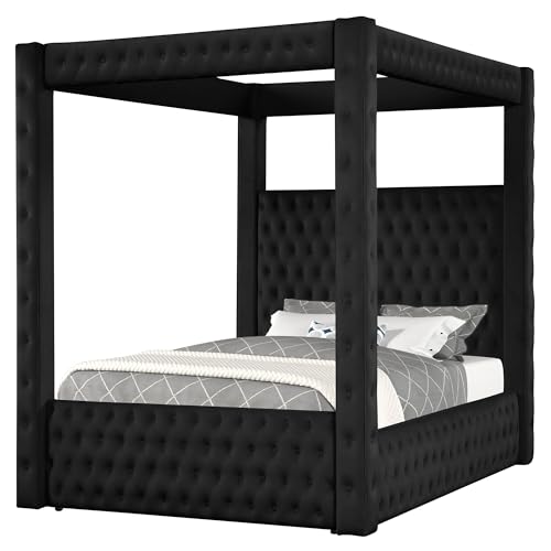 Wirktive Velvet Canopy Bed Frame Queen - Upholstered Four Poster Bed Frame with Tufted Headboard and...