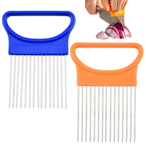 ZORVUJI 2 Pezzi Affettaverdure Taglia Verdure Slicer Sicuro per Pomodoro Cipolla Limone (Blu, Arancione)