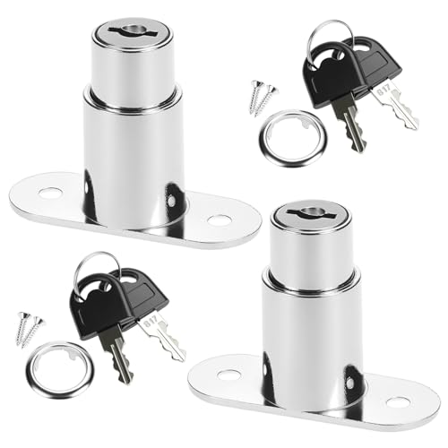 QWORK® Lot de 2 serrures à cylindre poussoir pour porte coulissante, 22 mm, avec clé, cylindre Ø 19 mm, pour classeurs, tiroirs, argent