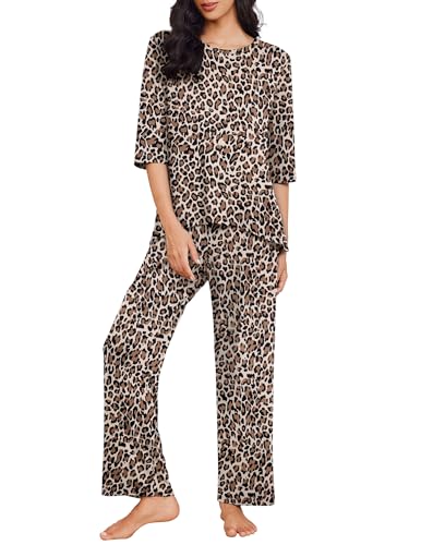 Ekouaer Womens Lounge Sets 2 Piece Pajamas Sets 3/4 Sleeve Tops and Long Pants Soft Pjs Loungewear with Pockets