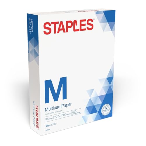 Staples Multipurpose Copy Printer Paper, 20 lb, 8.5 x 11 Inches, 1 Ream, 94 Bright, White