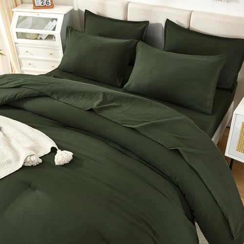 Litanika Dark Olive Green California King Size Comforter Set - 7 Pieces Bed in a Bag Cal King Bedding Comforter Sets, Plain Lightweight Bed Set with Comforter, Sheets, Pillowcases & Shams