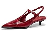 Coutgo Womens Slingback Kitten Heels Oxford T Strap Pumps Low Heel Closed Pointed Toe Vintage Dress Shoes, Red, Size 8