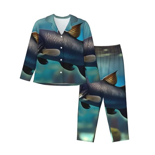 Ensemble de pyjama imprimé poisson-chat aux finitions soignées pour femme