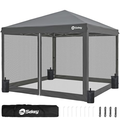 Sekey Pop Up Pavillon 3x3m Wasserdicht Stabil Winterfest mit moskitonetz Höhenverstellbar Gartenpavillon mit 4 Seitenwänden Faltpavillon 3x3 mit 4 Sandsäcke (Grau-Insektenschutz)