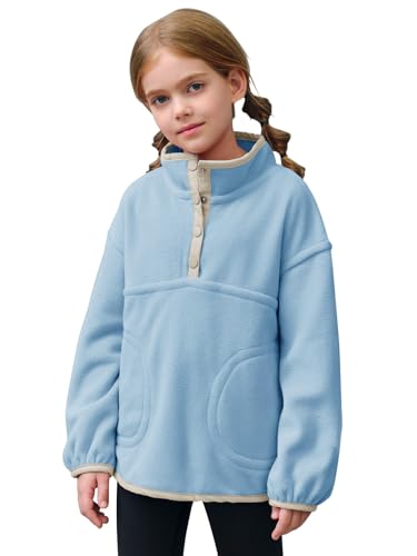 Moletom infantil de lã de ovelha para meninas com bolsos 5 a 14 anos, Azul claro, 10-12 Anos
