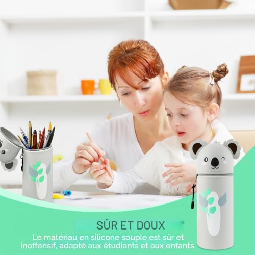 Kawaii Trousse à crayons 2 en 1 en silicone avec fermeture éclair - Porte-crayons de table - Motif dessin animé - Portable et multifonction – vue 6