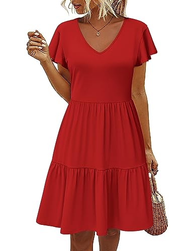 HOTOUCH Women's Casual Summer Dress with Pockets V Neck Ruffle Sleeve A-Line Dresses