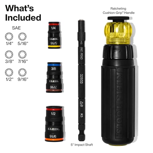 Klein Tools 32910RCHT Impact Driver, 7-in-1 SAE Impact Socket Set with Ratcheting Handle, Flip Socket with 1/4, 5/16, 3/8, 7/16, 1/2 and 9/16-Inch Nut Driver Sizes and 1/4-Inch Bit Holder by KLEIN TOOLS - Image 2