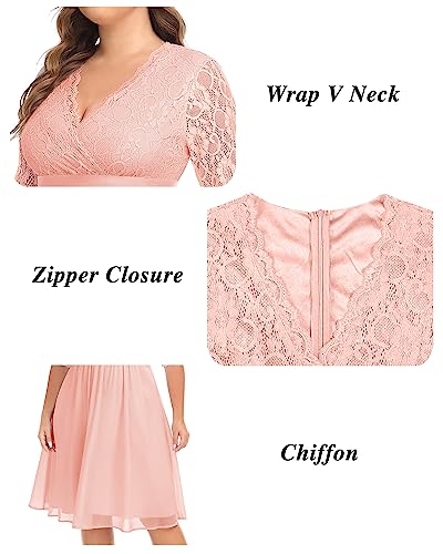 Image of Pinup Fashion Plus Size Lace Chiffon Wrap V Neck Dresses Women Cocktail Wedding Guest Midi Dress