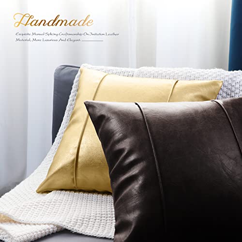 Image of BRAWARM Coffee Leather Throw Pillow Covers 20 X 20 Inches - Faux Leather Pillow Cover with Piping, Hand Stitched Leather Throw Pillow for Couch Sofa Bed Living Room Home Decorative