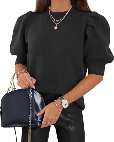 Womens Puff Short Sleeve Sweaters Tops Crew Neck Trendy Casual Knit Comfy Loose Fall Sweater Jumper Outfits