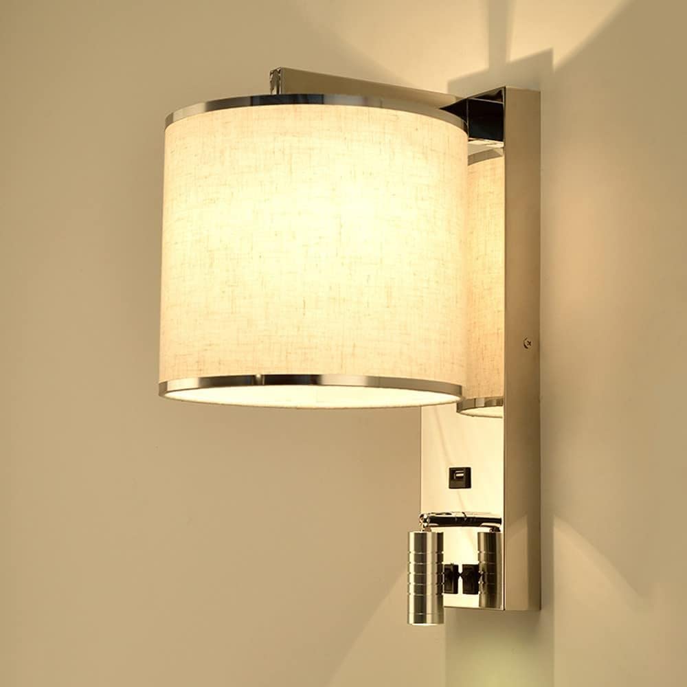 VGTLAKEX Wall Light Chrome Wall Sconce White Textile Shade Lamp Single LED Bedside Spot Metal E27 Headboard Lamps for Bedroom Living