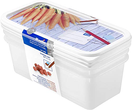 Rotho Domino 3er-Set Gefrierdosen 1,2l mit beschreibbarem Motiv auf dem Deckel, Kunststoff (PP) BPA-frei, weiss, 3 x 1,2l (23,3 x 11,8 x 11,6 cm)