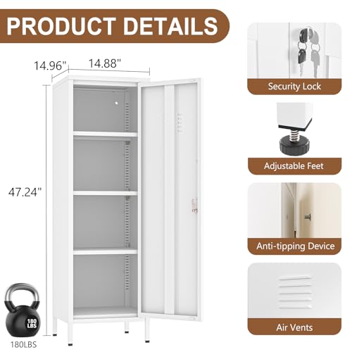Image of pozdeg 47.24 inch White Lockable Small Metal Storage Locker | Employees Locker 1 Door & 3 Adjustable Shelves, Steel Cabinet for Employees, Home, School, Office & Gym