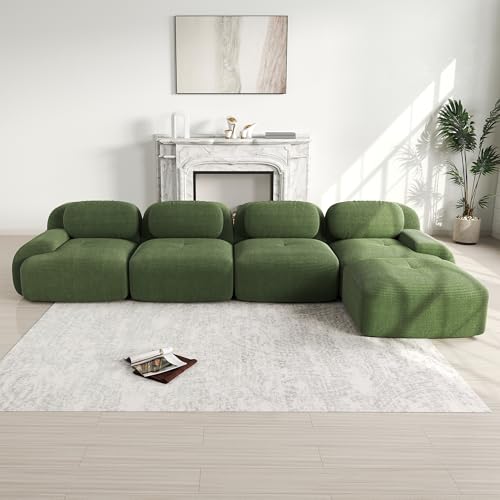 Muskel Sofá moderno de 4 plazas de pana modular en forma de L con otomano móvil, sin montaje, asiento bajo, sofá sin desnudos, juego combinable, para salón (verde, 4 plazas+1)