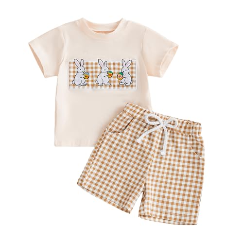 Image of Toddler Baby Boy Easter Rabbit Outfit Short Sleeve Bunny Carrot Smocked T-shirt Elastic Waist Shorts Summer Clothes
