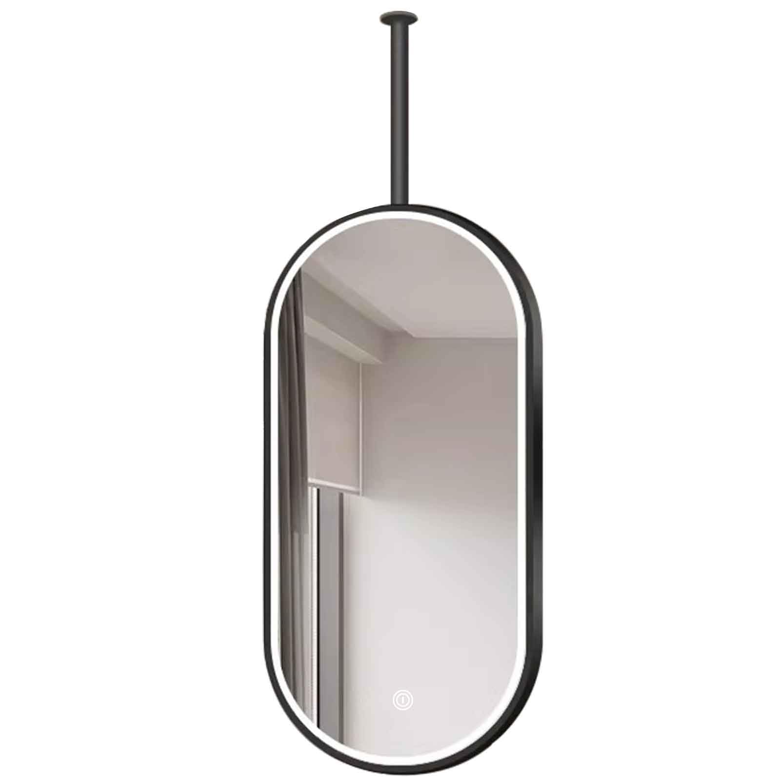 Lustro sufitowe z oświetleniem LED, wiszące lustro łazienkowe z czarną metalową ramą, dekoracyjne lustro sufitowe (50 cm x 100 cm)
