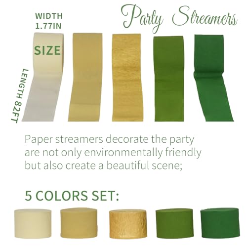 Green Gold Crepe Paper Streamers Jungle Party Decorations Hanging, Dinosaur Safari Forest Birthday Decorations(5 Rolls), Green Themed Party Décor for Camp Bachelorette, Woodland Baby Shower, Wedding