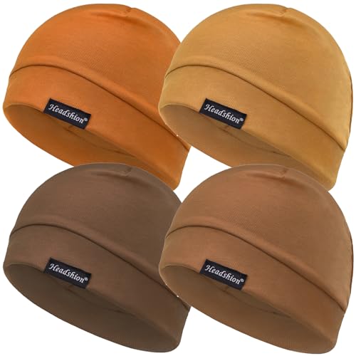 Headshion Gorras de calavera de algodón para hombres y mujeres, paquete de 4 gorros ligeros para dormir, gorros de quimioterapia, 4 Marrón (Chocolate, cuero, calabaza, jengibre), talla única