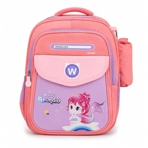 Mochila Escolar Infantil, Sereia e Dinossauro, com Estojo Removível, Alças Acolchoadas, Bolsos Laterais (Rosa)