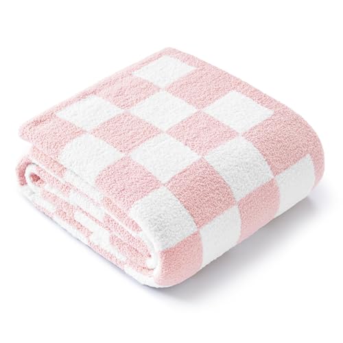 Exclusivo Mezcla Karierte Decke, Weiche Gestrickte Kuscheldecke, Kuschelige Karo Fleecedecke, Leichte Flauschige Decke für Sofa & Bett, 220x240 cm, Rosa