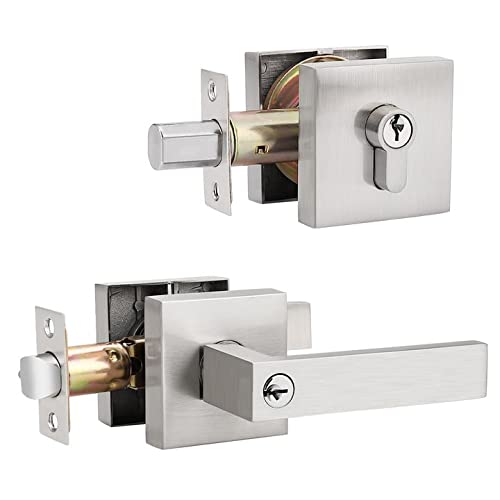 Up To 50% OFF Probrico Square Entrance Lever with Single Cylinder Deadbolt Set Keyed Alike Combo Pack(for Office and Front Door), Heavy Duty Satin Nickel Entry Door Lockset for Right and Left Side, 1 Pack
