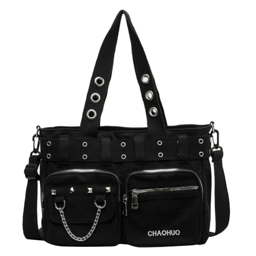 ASIEIT Damen-Rockabilly-Umhängetasche mit Kette, Canvas, Nieten-Umhängetasche, Reißverschluss, Gothic-Umhängetasche, Girls-Tagestasche (schwarz)