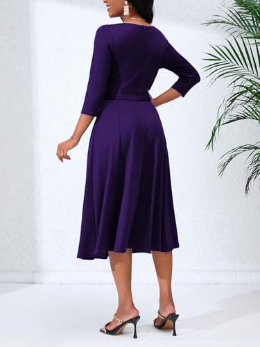 Women's Caual Midi Dress 3/4 Sleeve Crewneck A-line Swing Dress for Women with Belt for Wedding Guest & Cocktail Party4