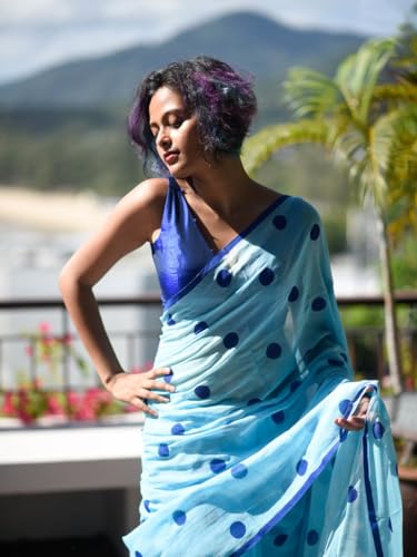 Image of Sidhidata Women's Polka Dot Printed Linen Cotton Saree With Unstitched Blouse Piece (Laddu Free Size)