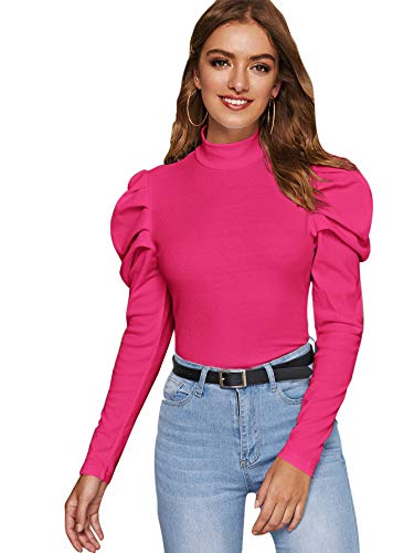 SheIn Women s Satnd Collar Mock-Neck Mutton Puff Peplum Long Sleeve Top Blouse Small Pink