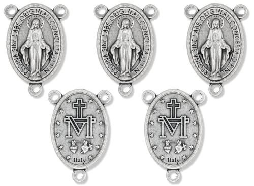 Bulk Pack of 5 - Miraculous Medal Rosary Centerpiece 1  Center - Silver Oxidized Medal Rosary Center Pieces for Rosary Making Supplies, Made in Italy