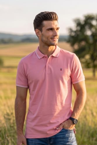 Image of Louis Philippe Men's Slim Fit Single-Tuck Pique Stylized Sleeve Print and Contrast Tipping Half Sleeve Solid Polo Tshirt