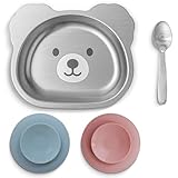 Bear Suction Plate for Toddlers – Stainless Steel Baby Plate with Removable Silicone Base, Strong Suction & Matching Spoon | BPA-Free, Durable, Easy-Clean Feeding Dish (Solavine)
