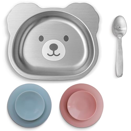 Bear Suction Plate for Toddlers – Stainless Steel Baby Plate with Removable Silicone Base, Strong Suction & Matching Spoon | BPA-Free, Durable, Easy-Clean Feeding Dish (Solavine)