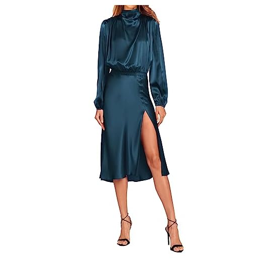 PRETTYGARDEN Women Fall Formal Mock Neck Long Sleeve Satin Dress Elastic Waist High Slit Midi Wedding Guest Dresses 2023(Solid Dark Blue,Medium)