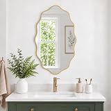 PERFNIQUE Gold Scalloped Mirror, 30''L&times;18''W Oval Wavy Wood Framed Mirror for Wall...