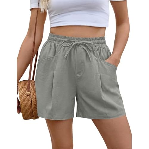 AKEWEI Linen Shorts Women Casual Wide Leg High Waisted Summer Outfits Comfy Elastic Waist Beach Shorts with Pockets Grey X-Small