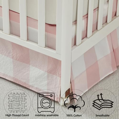 Image of Brandream Cotton Crib Skirt Gingham Tailored, Baby Boy, Baby Girl, Gender Neutral Crib Skirt, Toddler Bedskirt Chic Farmhouse Nursery Crib Bed Skirt, Bohemian Light Pink Plaid Gingham Dust Ruffles
