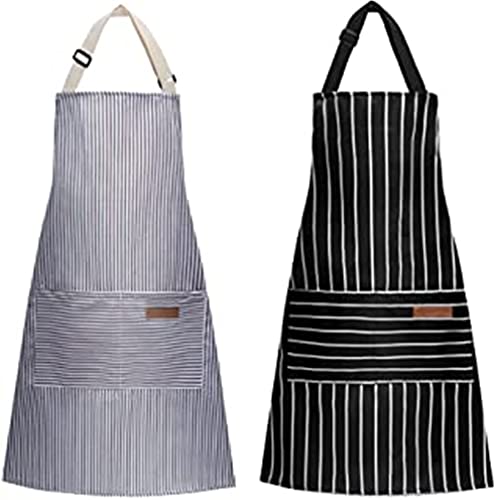 2 piezas Delantal de Cocina, Delantal a rayas tirantes ajustables , para Hornear Jardinería Restaurante Barbacoa, Cocina, Restaurante y cafetería para Hombres y Mujeres( negras y grises ) Cover