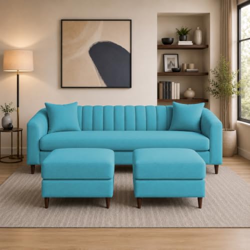 Image of Doraldo 3 Seater Sofa Set with 2 Ottoman for Living Room (Turquise) Premium Fabric Sofa