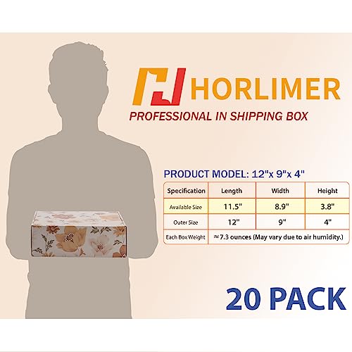 Image of HORLIMER 12x9x4 inches Shipping Boxes Set of 20, Floral Pattern Corrugated Cardboard Box for Gift, Packing, Mailing, Business